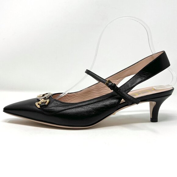 Gucci Zumi Interlocking Logo Black Leather Pointed Toe Low Heels Slingback Pumps - Picture 2 of 9